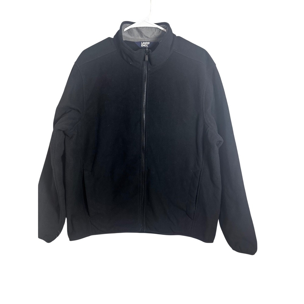 Lands End‎ Mens Full Zip Fleece Jacket Black Mock Neck Size L 42-44 Windproof